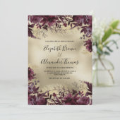 Luxe bordeaux goud glitter bloemenbruiloft kaart (Staand voorkant)