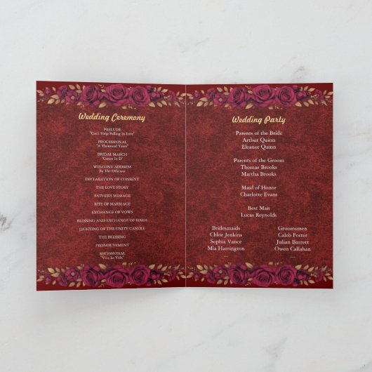 Luxe bordeaux & gouden bloemen-huwelijksprogramma programma (Binnen)