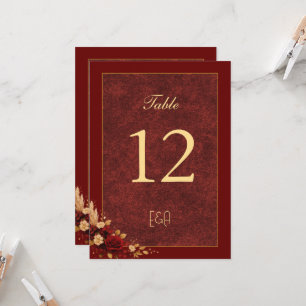 Luxe bordeaux & gouden bloemendecoratie tafelnumme kaart