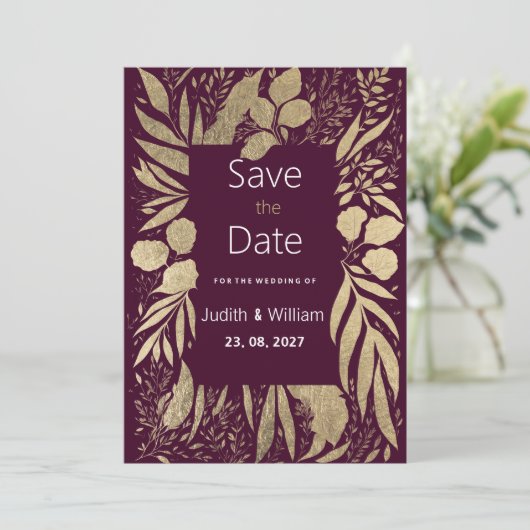 Luxe bordeaux gouden gebladerte bloemen Save the D Kaart (Staand voorkant)