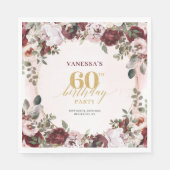 Luxe bordeauxrode rozen boho 60ste verjaardag serv servet (Voorkant)