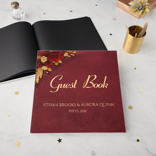 Luxe bordeauxrood & bloem bruiloft gastenboek (Voorkant open)