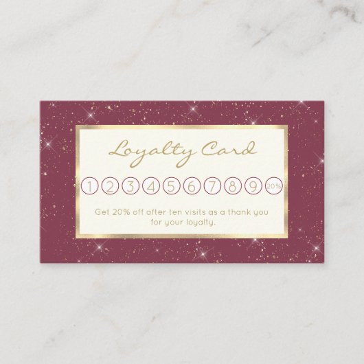 Luxe bordeauxsprankeling goud glitter confetti klantenkaartje (Voorkant)