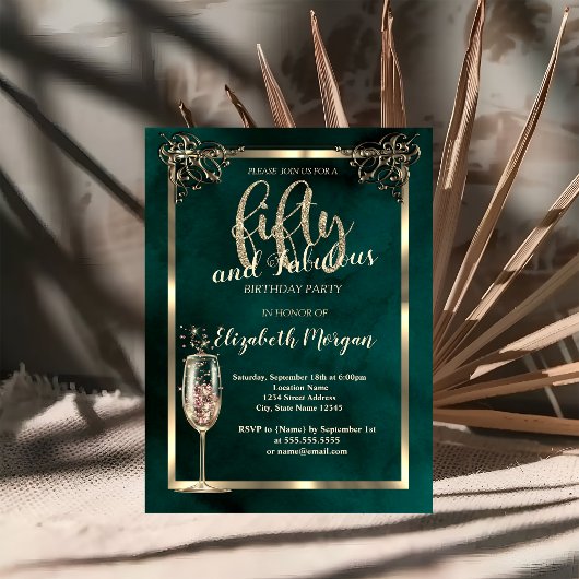 Luxe Border Champagne Glas Groen 50ste Verjaardag Kaart