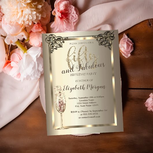 Luxe Border Champagneglas 50ste Verjaardag Kaart