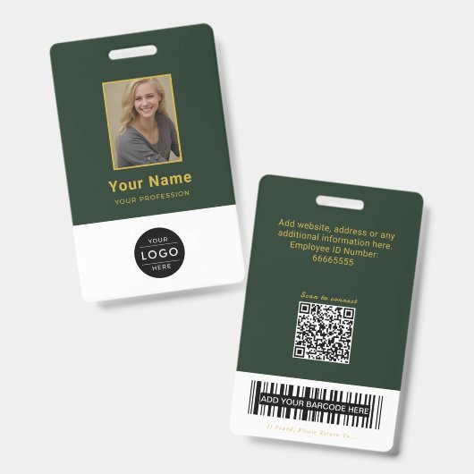 Luxe bosgroene gouden QR-code ID-streepjescode Badge (Voor- en achterkant)