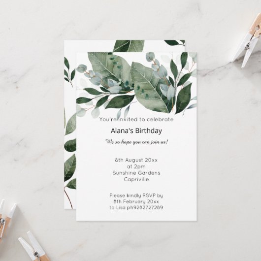 LUXE BOTANISCH WITTE BERICHT BIRTHDAY INVITATIE KAART (Voorkant / Achterkant in situ)