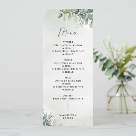 Luxe Botanische Doop Menu Kaart (Staand voorkant)