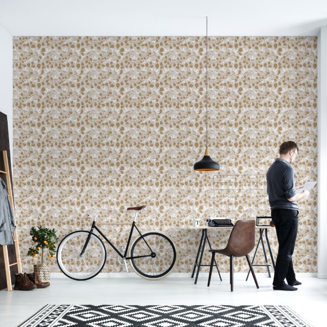 Luxe botanische wijnstok bloemengoud crème ivoor behang (Woonkamer)