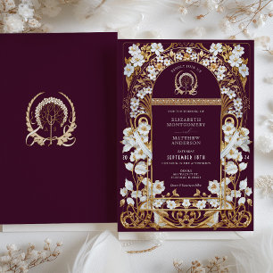 Luxe Bourgogne & Antiek Goud Bloemen Bruiloft Kaart