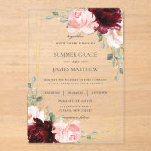 Luxe Bourgogne Blush Rozen Bloemen Huwelijk Acryl Uitnodigingen (Voorkant)