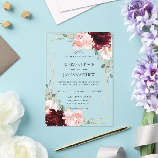 Luxe Bourgogne Blush Rozen Bloemen Huwelijk Acryl Uitnodigingen (Insitu (Huwelijk))