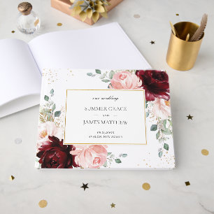 Luxe Bourgogne Blush Rozen Bloemen Huwelijk Gastenboek