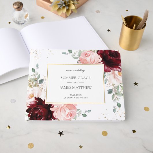 Luxe Bourgogne Blush Rozen Bloemen Huwelijk Gastenboek (Voorkant open)