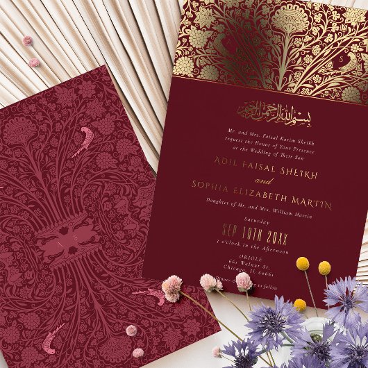 Luxe Bourgogne en Gouden Islamitische bruiloft Folie Uitnodiging