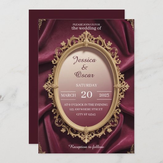 Luxe Bourgogne & Goud Barok Design Huwelijk Kaart (Voorkant / Achterkant)