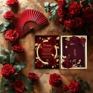 Luxe Bourgogne Rode Rose Flamenco Bruiloft Informatiekaartje