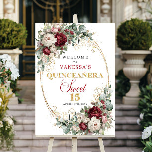Luxe Bourgondië Bloem Goud Boho Quinceanera Welkom Poster