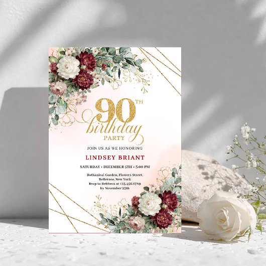 Luxe Bourgondië Boho Bloemstuk 90e Verjaardag Kaart