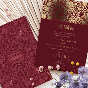 Luxe Bourgondië en Gouden Islamitische Bruiloft Folie Uitnodiging