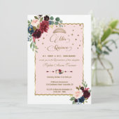 Luxe Bourgondië Florale Gouden Mis Quince Quinceañ Kaart (Staand voorkant)