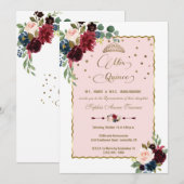 Luxe Bourgondië Florale Gouden Mis Quince Quinceañ Kaart (Voorkant / Achterkant)