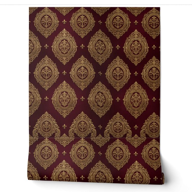Luxe Bourgondië & Goud Damast Behang (Afrollen)