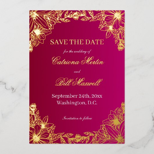 Luxe Bourgondië Goud Folie Save The Date Kaart (Voorkant)