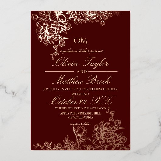 Luxe Bourgondië & Gouden Tuin Bloemen Huwelijk Inv Folie Uitnodiging (Voorkant)