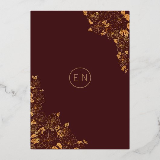 Luxe Bourgondië & Gouden Vogels Bloempatroon Folie Uitnodiging (Achterkant)