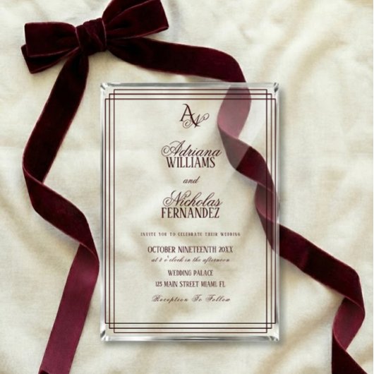 Luxe Bourgondië Monogram Bruiloft Acryl Uitnodigingen