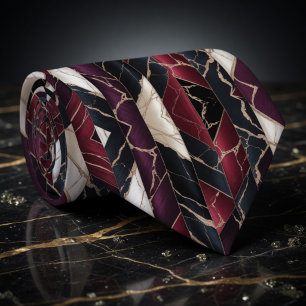 Luxe Bourgondië Navy en Goud Marmer Geometrisch Stropdas