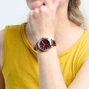 Luxe Bourgondië wijzerplaat leren bandje Horloge