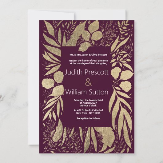 Luxe Bourgondische gouden gebladerte bloemenbruilo Kaart (Voorkant)