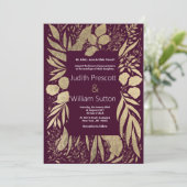 Luxe Bourgondische gouden gebladerte bloemenbruilo Kaart (Staand voorkant)