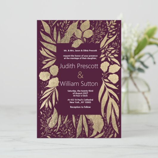 Luxe Bourgondische gouden gebladerte bloemenbruilo Kaart (Staand voorkant)