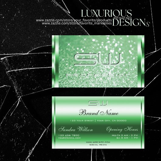 Luxe Bright Green Sparkle Glitter Stars Initialen Visitekaartje