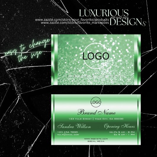 Luxe Bright Green Sparkle Glitter Sterren en Logo Visitekaartje