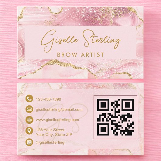 Luxe Brow Artist Blush Pink Gold Agate QR Code Visitekaartje
