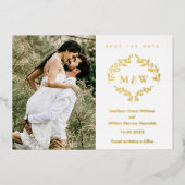 Luxe bruiloft crest monogram krans aangepaste foto folie uitnodiging (Voorkant)