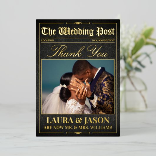 Luxe bruiloft krant dank u kaart gouden folie (Staand Voorkant)