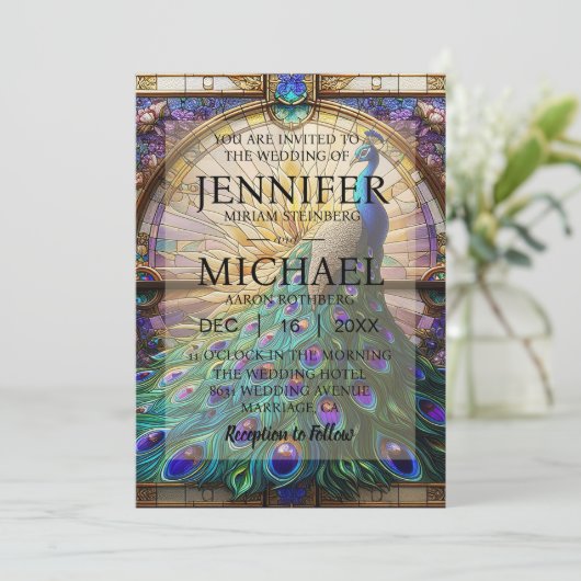 Luxe bruiloft: majestueuze pauw uitnodigingen (Staand voorkant)