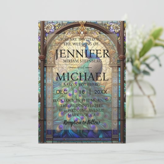 Luxe bruiloft: majestueuze pauw uitnodigingen (Staand voorkant)