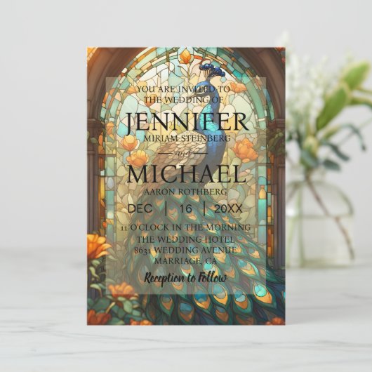 Luxe bruiloft: majestueuze pauw uitnodigingen (Staand voorkant)