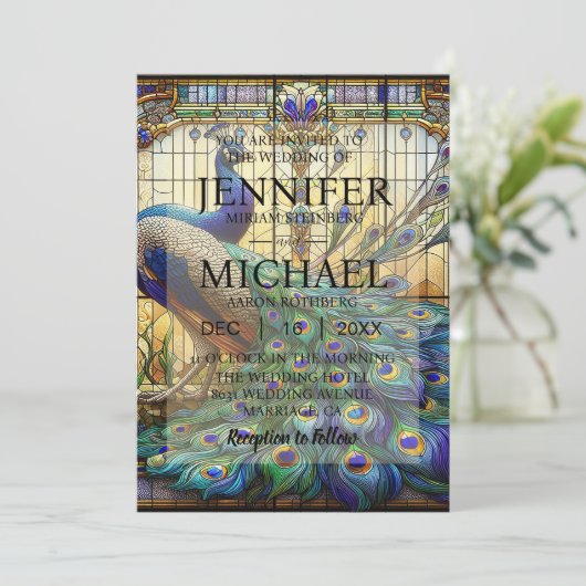 Luxe bruiloft: majestueuze pauw uitnodigingen (Staand voorkant)