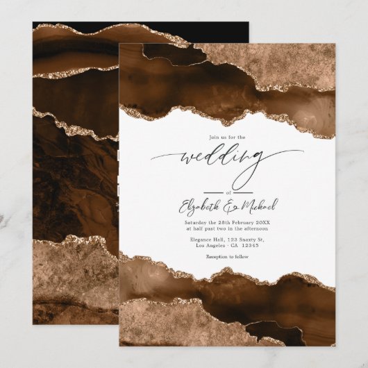 Luxe Bruin & Goud Agaat Trouw QR Code Rsvp Kaart (Voorkant / Achterkant)