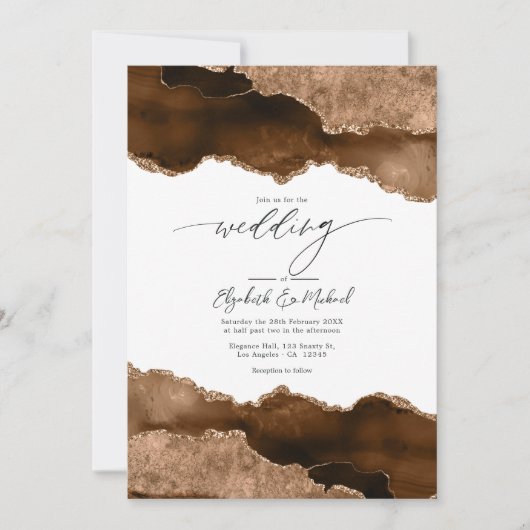 Luxe Bruin & Goud Agaat Trouwen QR Code RSVP Kaart (Voorkant)