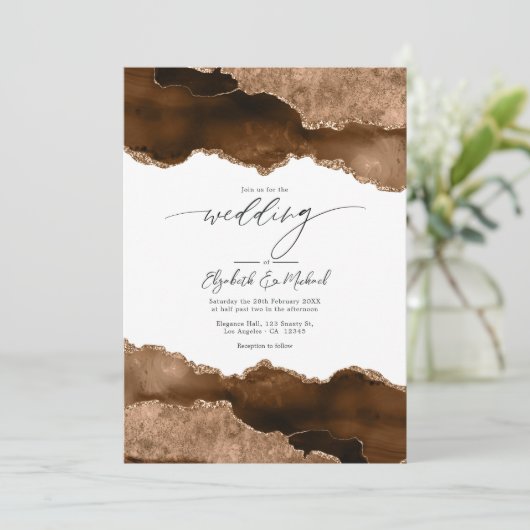 Luxe Bruin & Goud Agaat Trouwen QR Code RSVP Kaart (Staand voorkant)