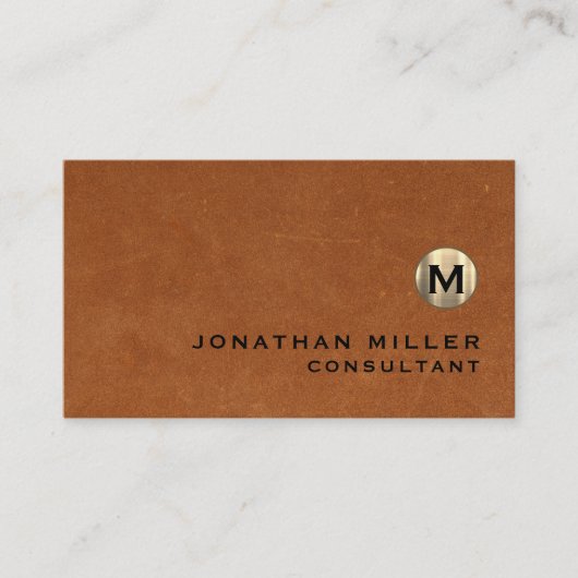 Luxe bruin lederen goudmonogram visitekaartje (Voorkant)