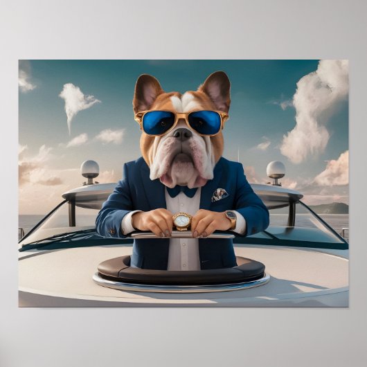 Luxe Bulldog op privéjacht met champagne Poster (Voorkant)